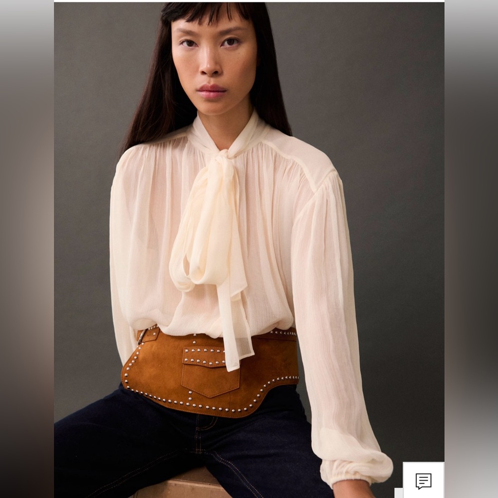 NWT MANGO Bow Tie Blouse – 100% Viscose in Beige Cream, L
